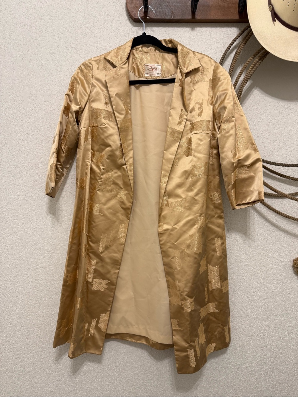 Vintage 60s Gold Silk Brocade Duster Jacket Metallic Long Coat - Small/Medium